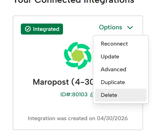 The available options for modifying your Maropost integration