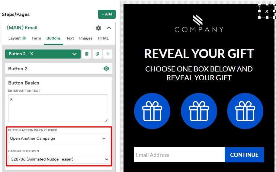 Setting the close button in a popup to open a teaser