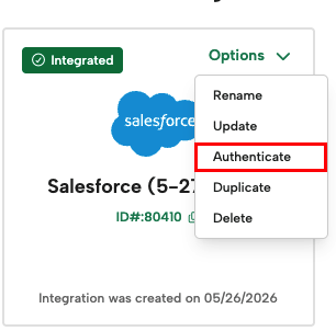 Claude responded: Salesforce integration card showing the Options dropdown menu expanded, with "Authenticate" highlighted in a red box.Salesforce integration card showing the Options dropdown menu expanded, with "Authenticate" highlighted in a red box.