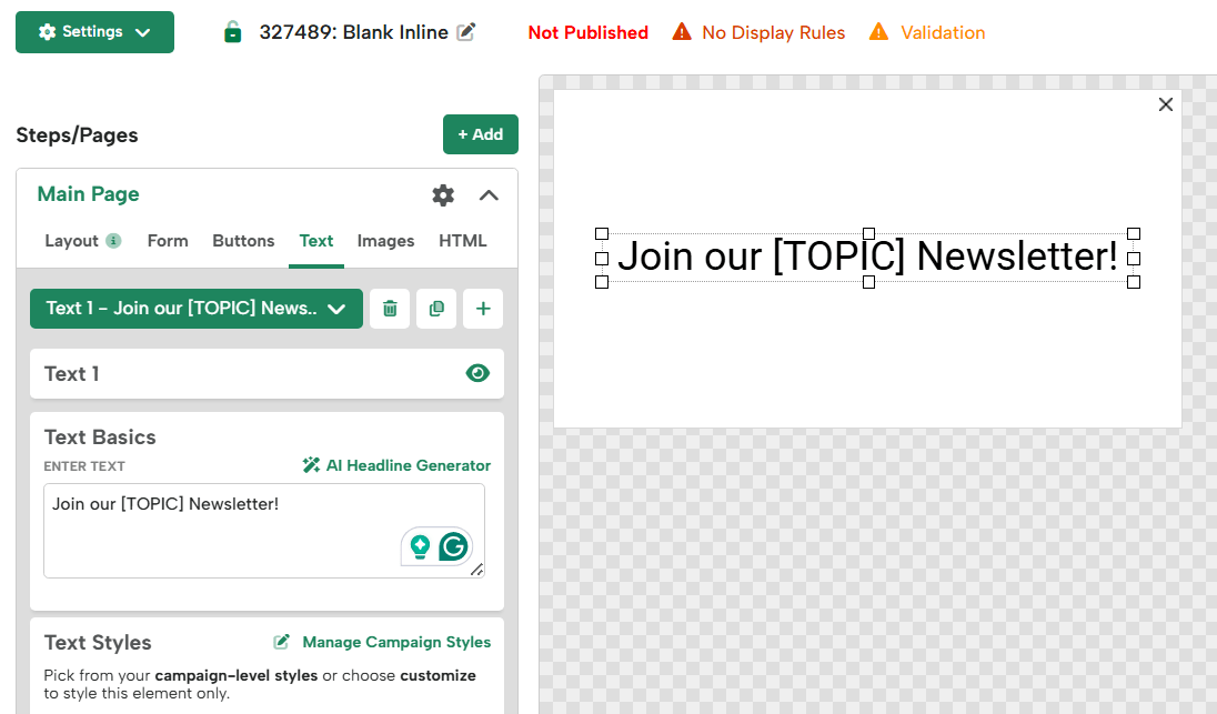 Campaign editor showing a text block that reads "Join our [TOPIC] newsletter!" with the [TOPIC] merge tag inline.