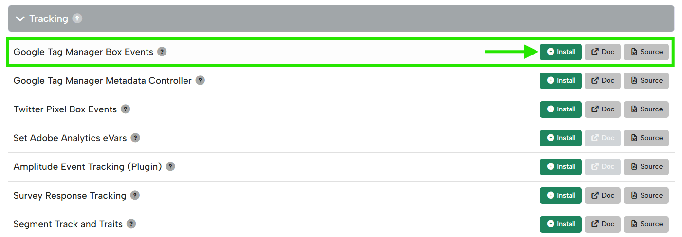 Digioh Extensions page, Tracking section, with Google Tag Manager Box Events highlighted and an arrow pointing to the Install button