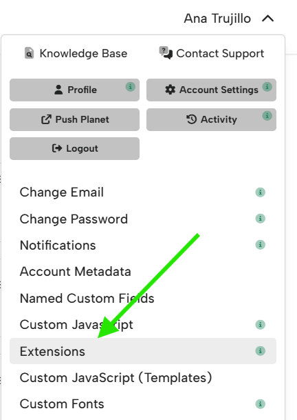 Extensions option highlighted in the Digioh account dropdown menu