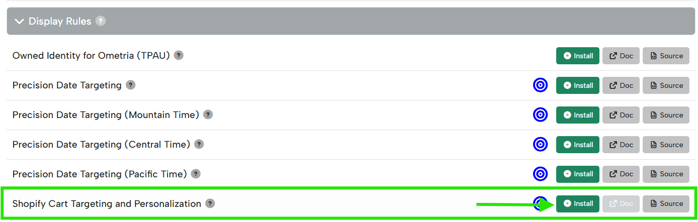 Digioh Extensions list with the Shopify Cart Targeting and Personalization extension highlighted and its Install button visible