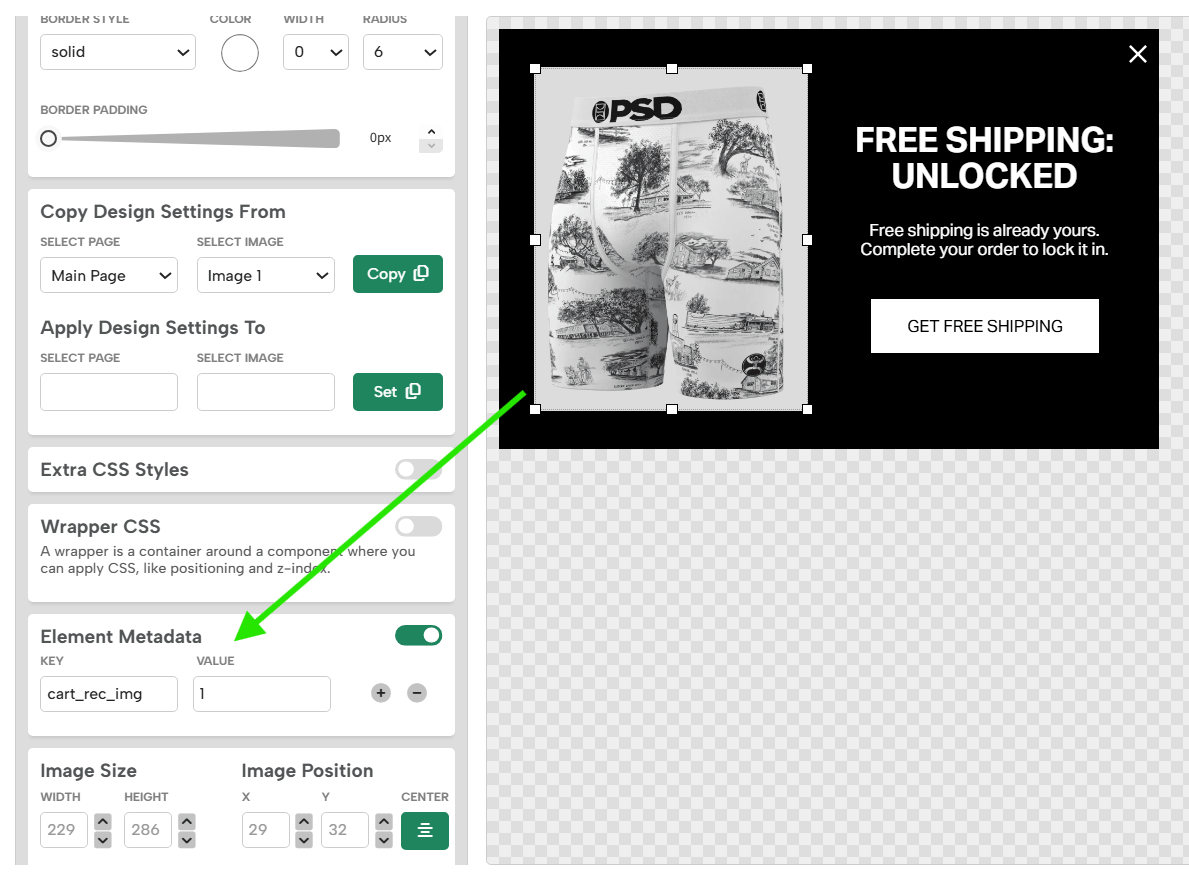 Digioh Campaign Builder showing the Element Metadata section with cart_rec_img key set to value 1, with the image element selected in the Campaign canvas