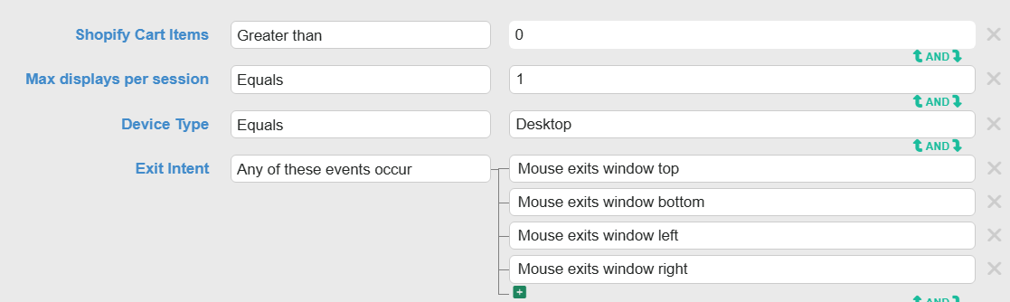 Campaign display rules configured with Shopify Cart Items greater than 0, Max displays per session equals 1, Device Type equals Desktop, and Exit Intent set to trigger on any mouse exit event