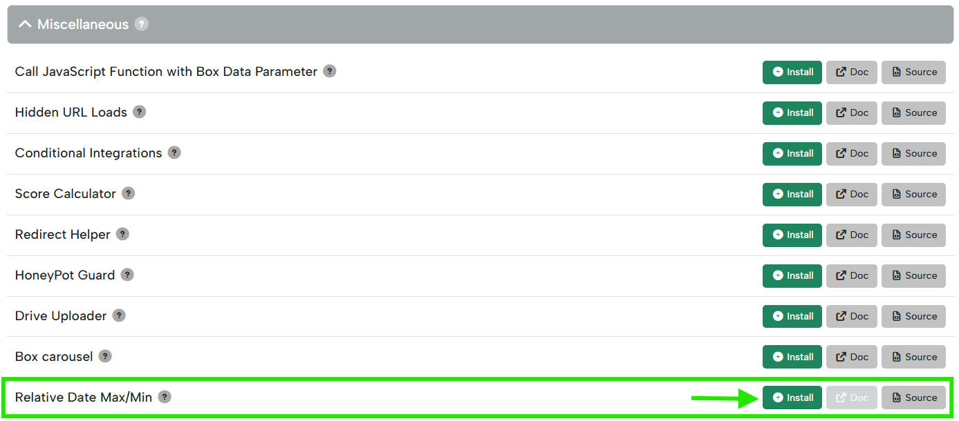 Miscellaneous section of the Digioh Extensions page, with the Relative Date Max/Min extension highlighted and the Install button indicated by a green arrow.