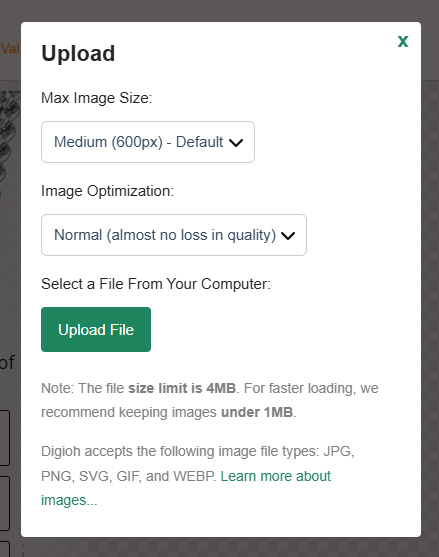 Upload image window popup