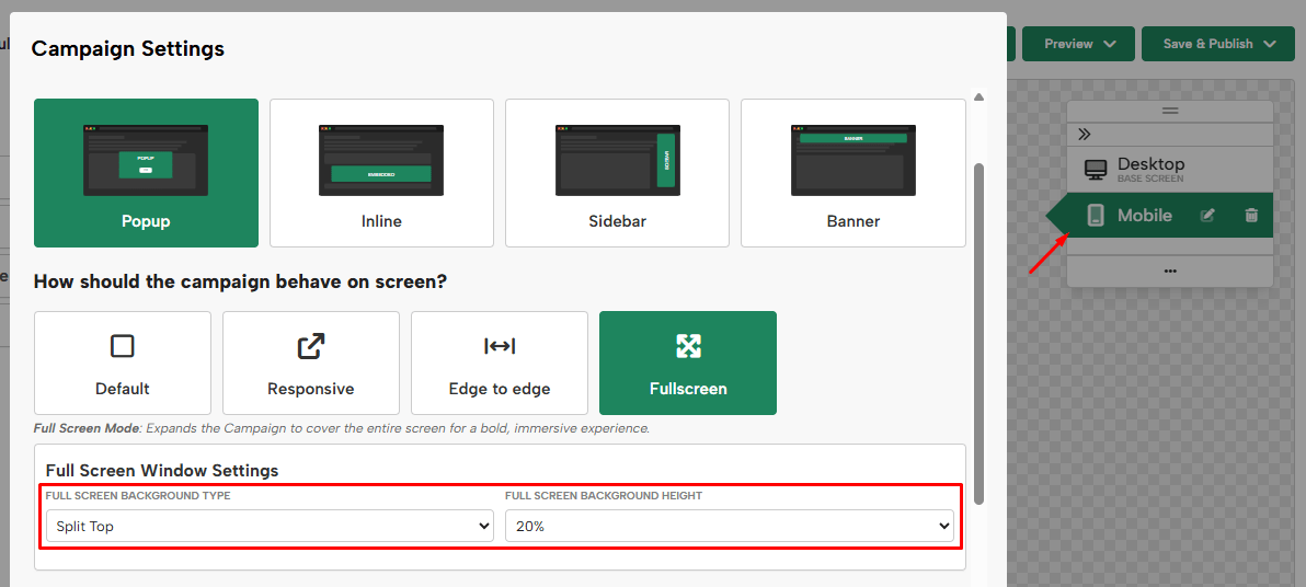 Window settings for Mobile view