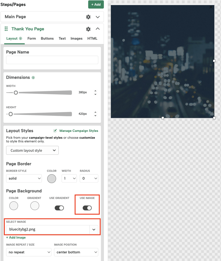 Digioh Design Editor showing a Thank You Page with the Use Image toggle enabled and bluecitybg2.png selected as the page background.