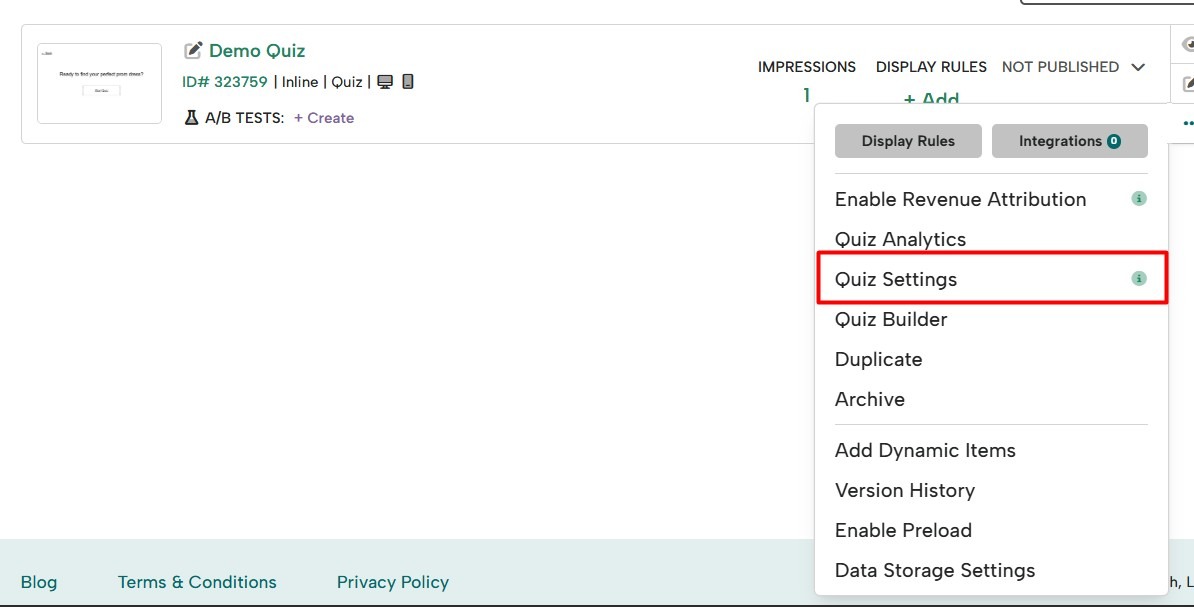 Quiz settings can be accessed directly from the campaign list 