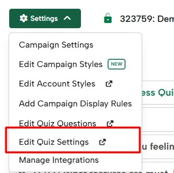 Quiz settings can be accessed via the settings dropdown in the editor
