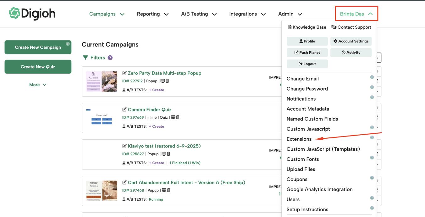 The Digioh account menu expanded, with an arrow pointing to the Extensions option in the dropdown list.