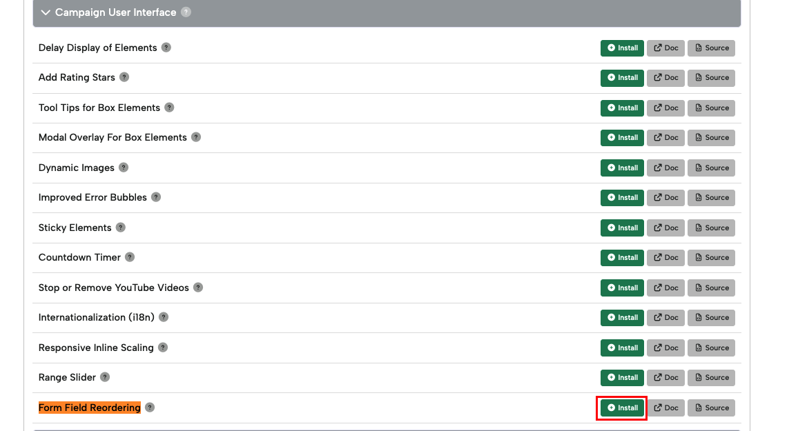 The Extensions list in Digioh showing the Campaign User Interface category, with Form Field Reordering highlighted at the bottom and its Install button outlined in red.