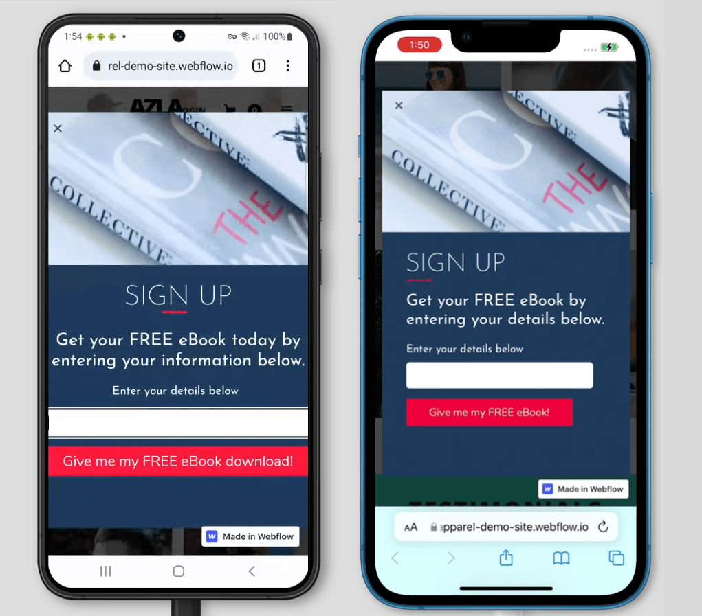 Side-by-side comparison of a vertically oriented mobile pop-up on iOS, showing automatic zoom when form fields are too small versus a mobile-optimized design that prevents iOS zoom by using larger input fields.