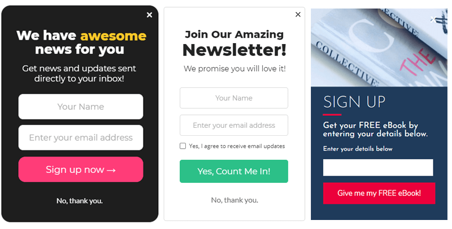 Examples of three mobile pop-up designs with newsletter signup forms, showing different layouts, button styles, and close options optimized for small screens.