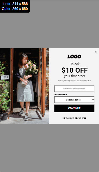 Mobile pop-up example showing a two-column layout with an image on the left and a signup form on the right, displayed within a 360 by 660 mobile screen size.”