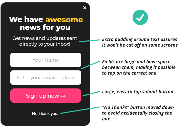 Vertically oriented mobile pop-up optimized for small screens, showing generous padding, large well-spaced form fields, a prominent easy-to-tap submit button, and a clearly separated opt-out close option.