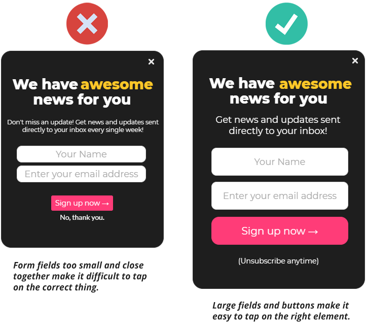 Side-by-side comparison of vertically oriented mobile pop-ups, showing an incorrect design with small, closely spaced form fields versus a mobile-optimized design with large, easy-to-tap fields and buttons.