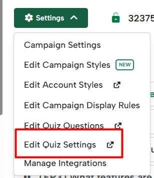 Quiz settings can be accessed via the Settings dropdown